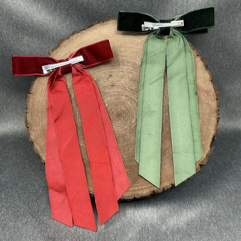 Two Velvet Hair Bows Long Ribbon Alligator Hair Clip Bundle Red Green Christmas